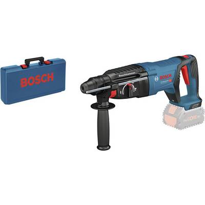 Un marteau perforateur Bosch bleu avec logo rouge, présenté à côté d'un coffret à outils bleu assorti portant l'inscription rouge Bosch.