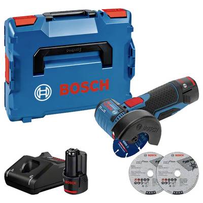 Ensemble d'outils Bosch avec mallette de transport, outil électrique, chargeur, batterie et deux disques de coupe présentés.