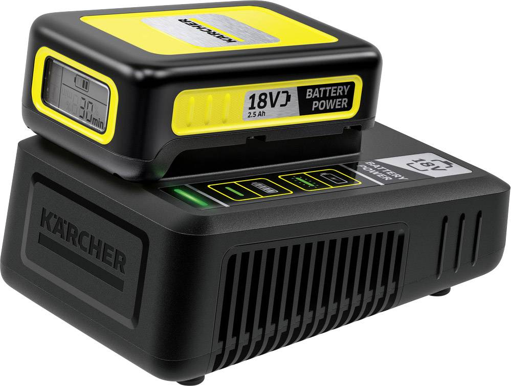 Un chargeur noir avec un pack batterie jaune de la marque Kärcher. Inscription : « 18V 2,5 Ah BATTERY POWER ».