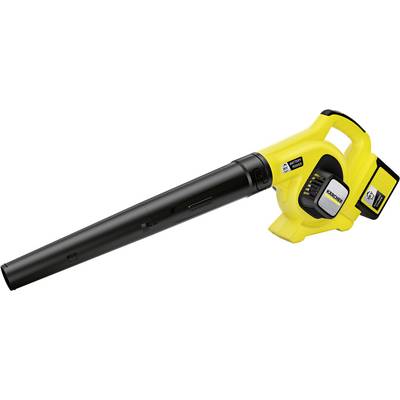 Un souffleur de feuilles à batterie jaune et noir de Kärcher, compact et adapté aux travaux de jardinage.