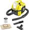 Aspirateur portable jaune avec accessoires : filtre, sac d'aspirateur, buse d'angle et brosse, adapté à une utilisation domestique.