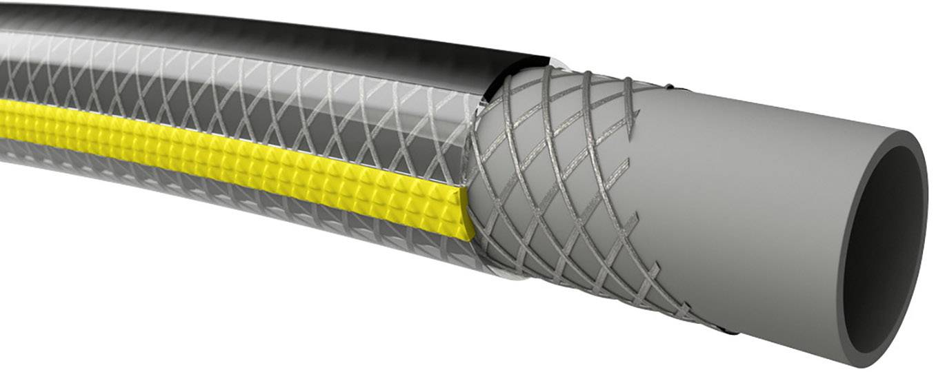 Gros plan d'un tuyau flexible gris avec une couche intérieure jaune et un tissage renforcé ; révèle clairement les détails de sa structure.