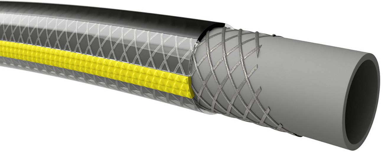 Coupe transversale d'un tube gris avec une bande de renfort jaune et un revêtement extérieur noir ; illustrant sa structure et sa composition.