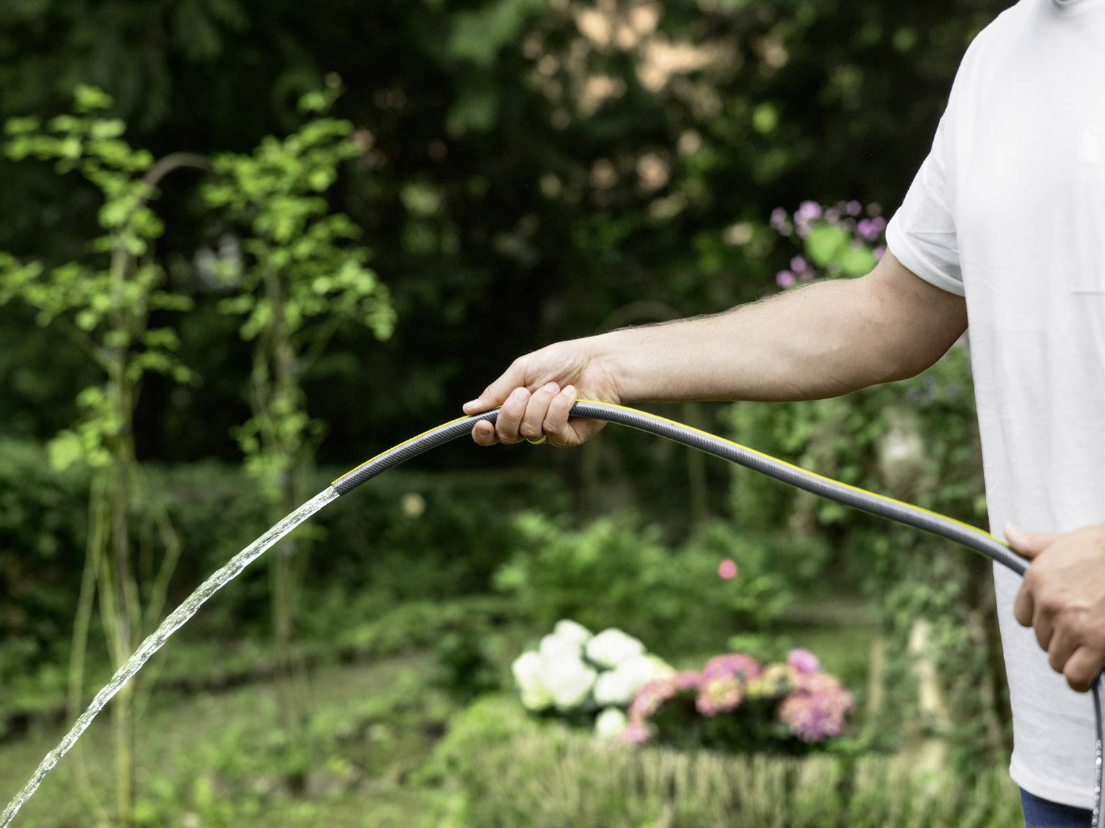 Une personne arrose des plantes dans le jardin avec un tuyau. L'arrière-plan est composé de fleurs en fleurs et d'arbustes verts.