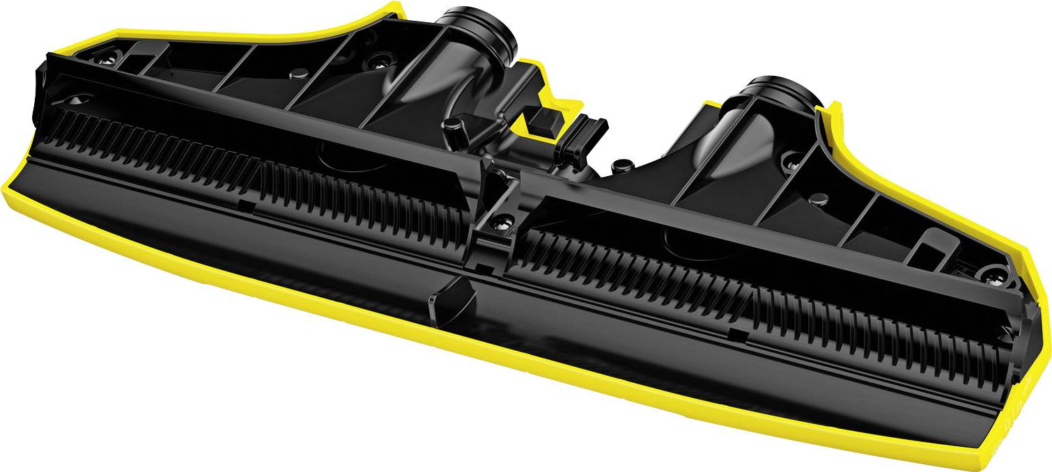 Accessoire pour appareil de nettoyage en noir et jaune avec des brosses. Utilisé pour le nettoyage des sols.