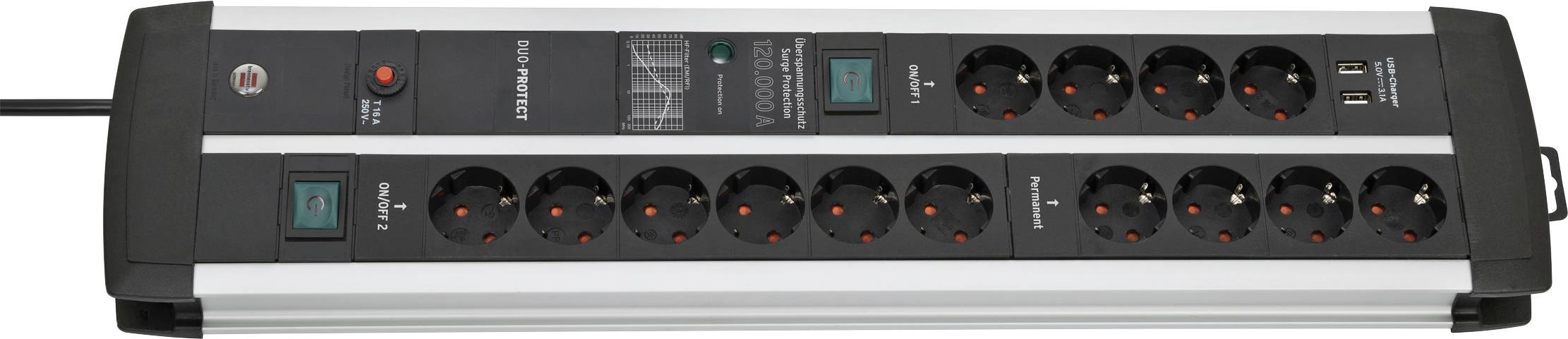 Multiprise avec plusieurs prises électriques, quatre cadrans de commande ronds et interrupteurs marche/arrêt illuminés sur un boîtier noir et argent.