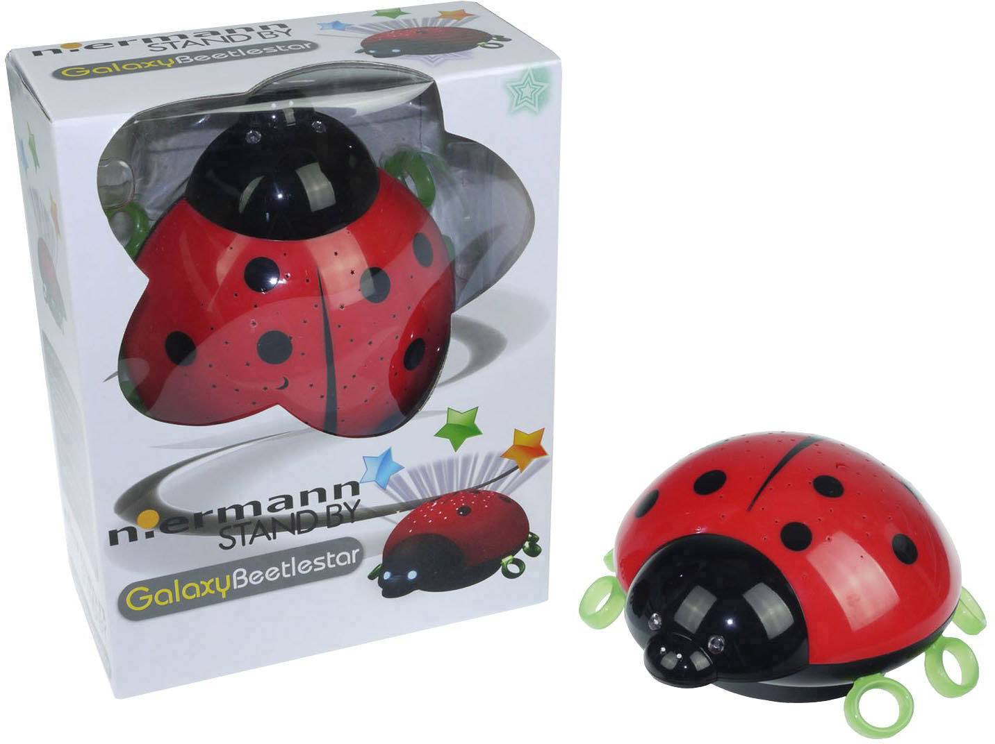 Une veilleuse coccinelle rouge avec des points noirs, à côté de son emballage portant l'inscription 'Galaxy Beetlestar'.