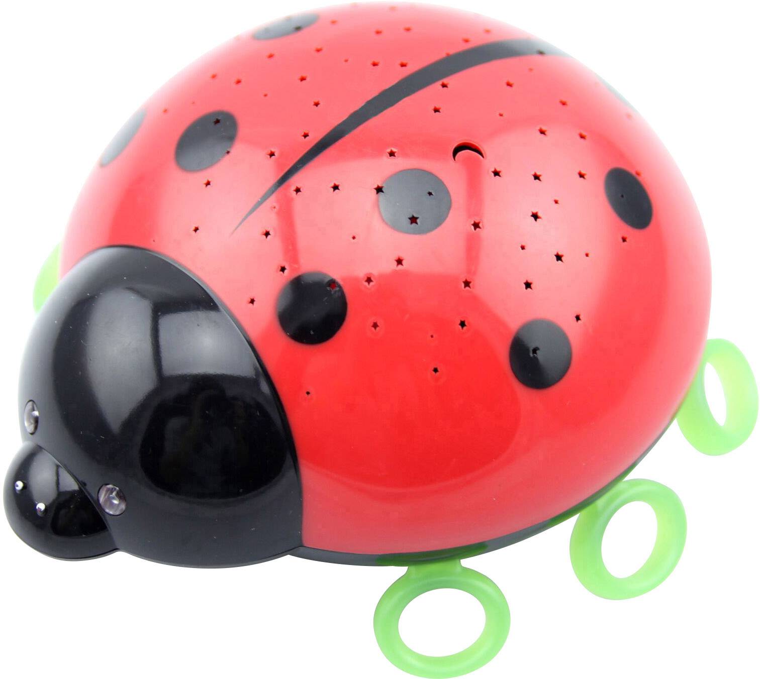 Lampe de nuit coccinelle rouge à points noirs et pattes vertes, conçue comme décoration de chambre d'enfant.