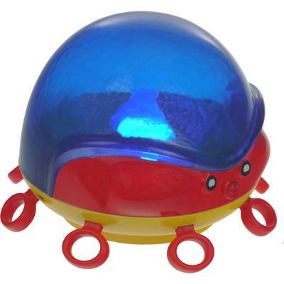 Jouet représentant un scarabée au corps rouge et à la carapace bleue brillante, muni de six pattes rouges avec des prises, sur un fond blanc.