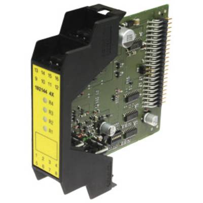 Module électronique avec un circuit imprimé vert et un marquage jaune sur un support noir, présentant divers circuits et connexions.