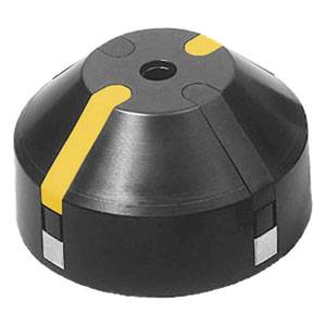 Pièce métallique conique noire avec des marquages jaunes et argentés ; utilisée dans la construction mécanique ou la fabrication en tant que composant.