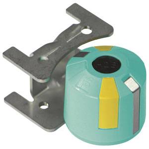 Un dispositif cylindrique bleu et jaune avec un support métallique à côté. Probablement un capteur ou un composant technique.