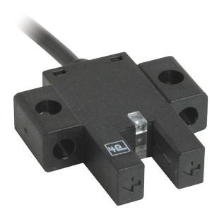 Un capteur optique noir avec connexion filaire, adapté à la détection d'objets ou de mouvements, sur un fond blanc.