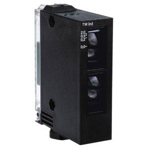 Capteur laser noir avec boîtier carré, échelle verticale à droite avec des marquages en mètres de 0 à 2.
