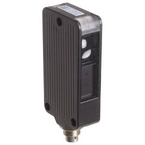 Capteur optique en boîtier rectangulaire avec connexion de câble par le bas, adapté à la détection d'objets dans des applications industrielles.