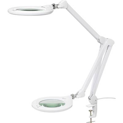 Lampe loupe LED blanche avec bras articulé et pince de fixation pour table, idéale pour des travaux précis ou la lecture avec un éclairage optimal.