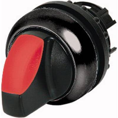 Un interrupteur noir et rond avec une poignée rouge, orienté vers la droite. Adapté pour les commandes industrielles.