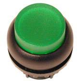 Bouton-poussoir vert, rond, avec un bord noir. Pourrait être utilisé pour faire fonctionner un appareil électronique.