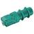 Un capteur de proximité cylindrique avec boîtier vert et écrous de fixation. Câble de connexion visible. Marquage CE imprimé.