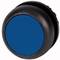 Un bouton rond bleu dans un boîtier noir, probablement un bouton-poussoir pour des appareils électroniques ou des applications industrielles.