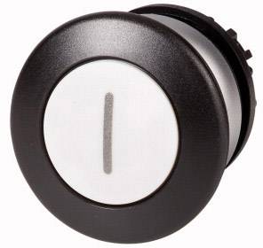 Un commutateur rotatif noir et rond avec une ligne verticale au centre sur un fond blanc.