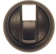 Un bouton rotatif noir, rond, avec un petit insert blanc au centre.