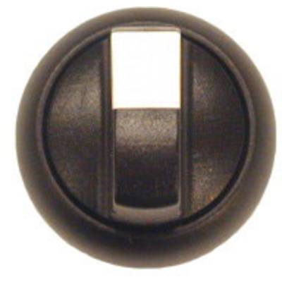 Un bouton rotatif noir, rond, avec un petit insert blanc au centre.