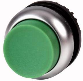 Bouton-poussoir vert sur bague argentée, élément de commande typique pour machines ou appareils électroniques.