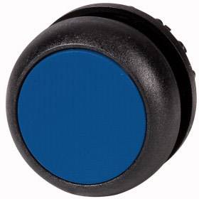 Bouton-poussoir rond, bleu, avec boîtier noir, utilisé pour les commandes électroniques et la commande d'appareils.
