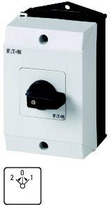 Un interrupteur électrique blanc avec un bouton rotatif noir, affichant trois positions '0', '1', '2'. Logo du fabricant 'EATON' en haut à gauche.