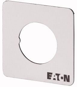 Plaque métallique avec un trou rond, logo du fabricant 'Eaton' dans le coin inférieur droit.