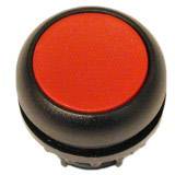 Bouton rond rouge avec un bord noir, adapté pour une utilisation dans des appareils électroniques ou des machines comme bouton de commande ou bouton d'arrêt d'urgence.
