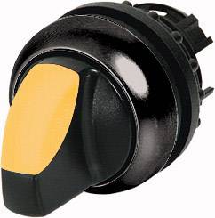 Un commutateur rotatif noir avec une poignée jaune, généralement utilisé dans des applications électriques ou industrielles pour le contrôle.