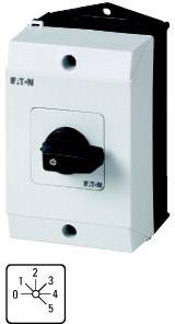 Commutateur rotatif électrique, indiquant les positions 0 à 5, monté dans un boîtier rectangulaire blanc.