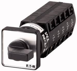 Un interrupteur rotatif électrique avec une poignée noire et plusieurs bornes de connexion. Texte sur la face inférieure : « Eaton ».
