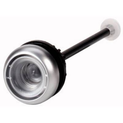 Une pompe à air en argent avec une longue poignée et un mécanisme de ventilation circulaire, adaptée au gonflage des pneus.