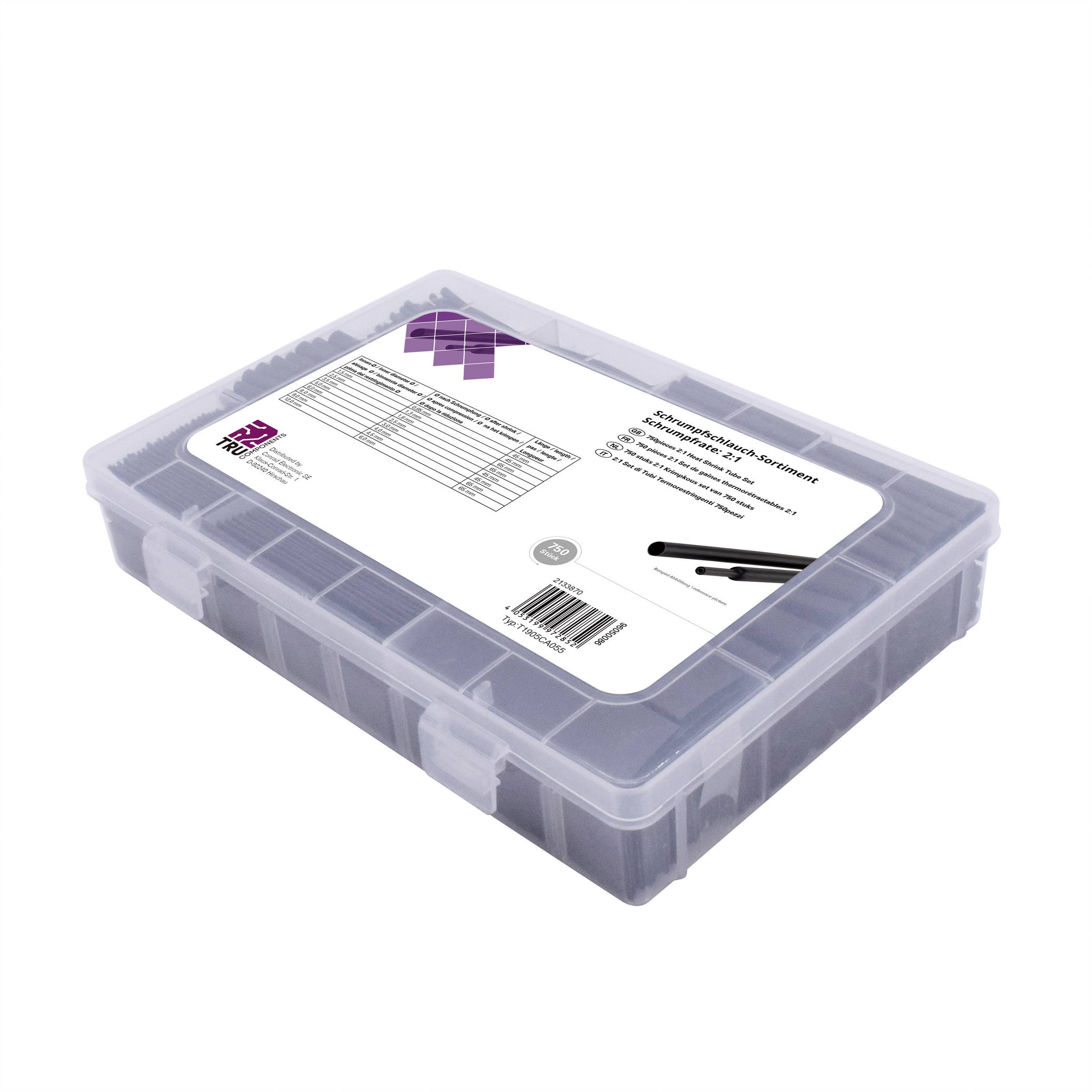 Une valise en plastique transparent avec une étiquette affichant des informations sur le produit et un tableau. Contient des embouts interchangeables.