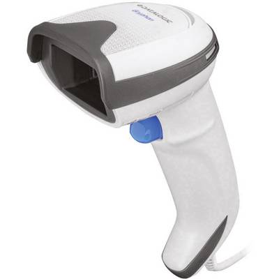 Un scanner à main blanc avec des accents gris et un bouton bleu, utilisé pour lire les codes-barres dans les magasins ou les entrepôts.
