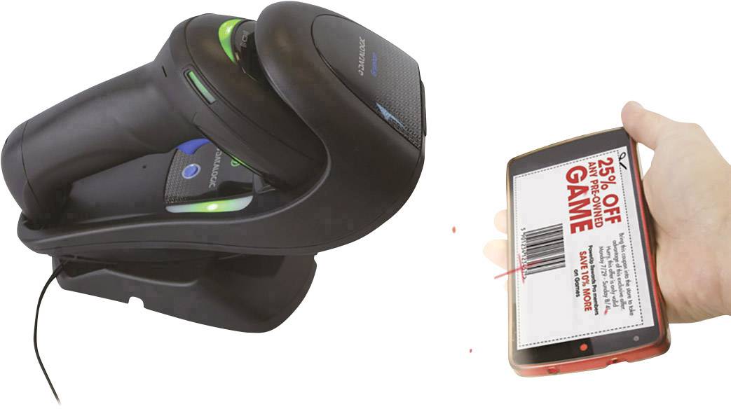 Un lecteur portable scanne un code-barres sur l'écran d'un smartphone affichant une réduction de 25 % sur des jeux.