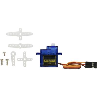 Kit de servo-moteur comprenant un micro-servo bleu, des vis, des bras de servo et des câbles pour applications de modélisme.