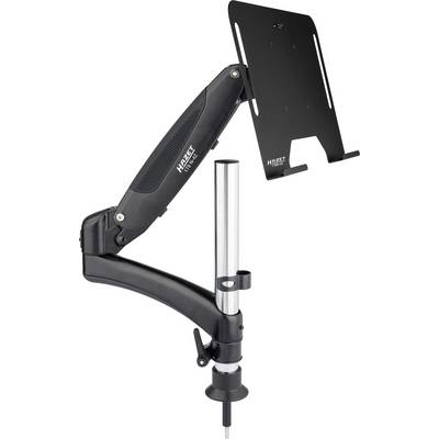 Support de tablette ajustable noir, à fixer sur un établi, adapté à différentes tailles de tablettes.