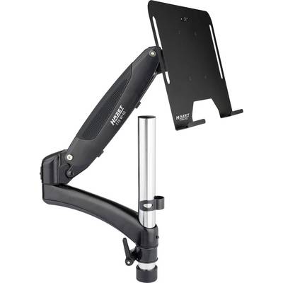 Support de moniteur avec bras ajustable et support pour ordinateur portable ou écran, en noir et argent, pour montage sur bureau.