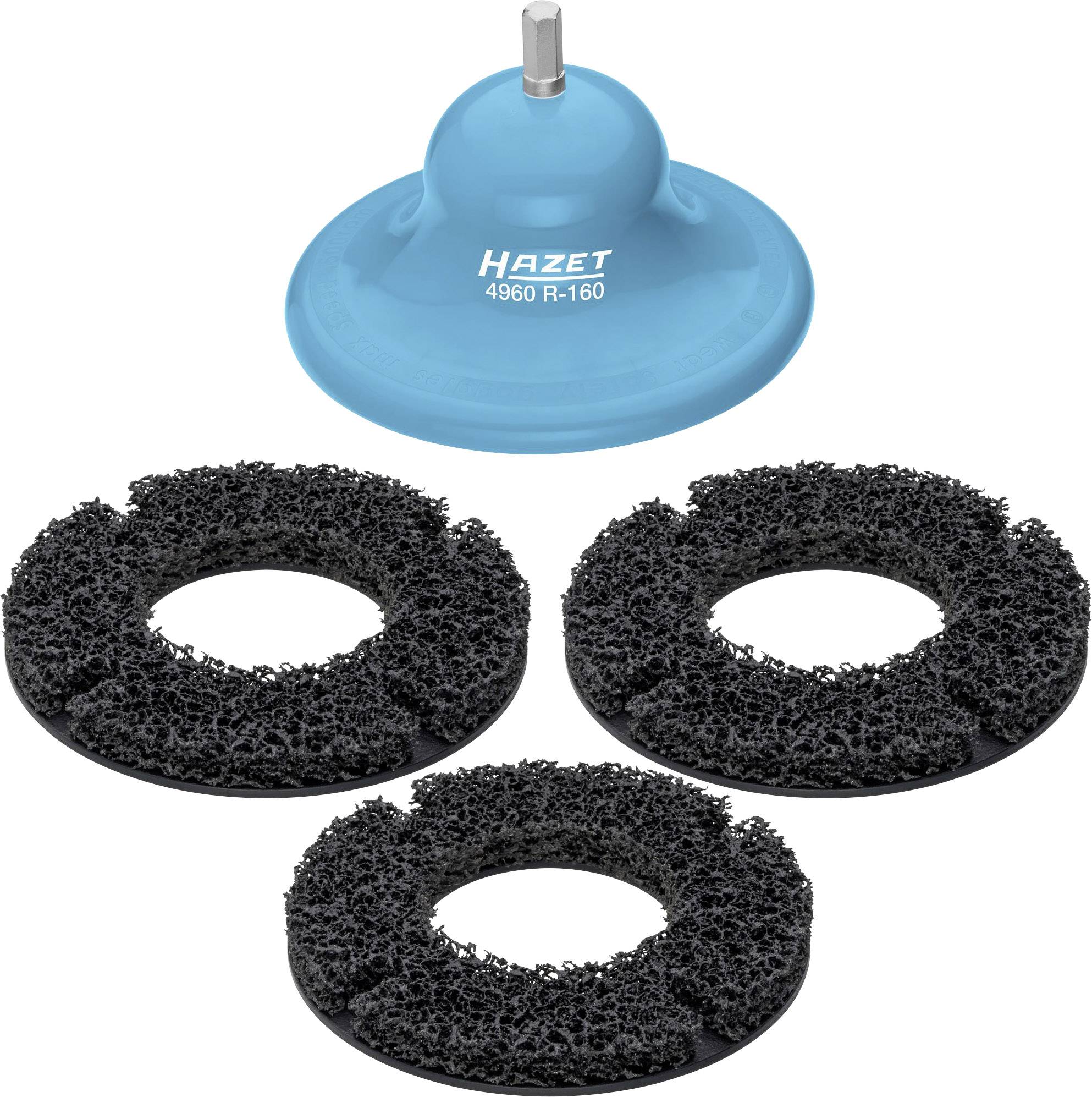 Disque de ponçage bleu Hazet avec trois tampons de ponçage noirs. L'outil est destiné au traitement de surface et au nettoyage des métaux.