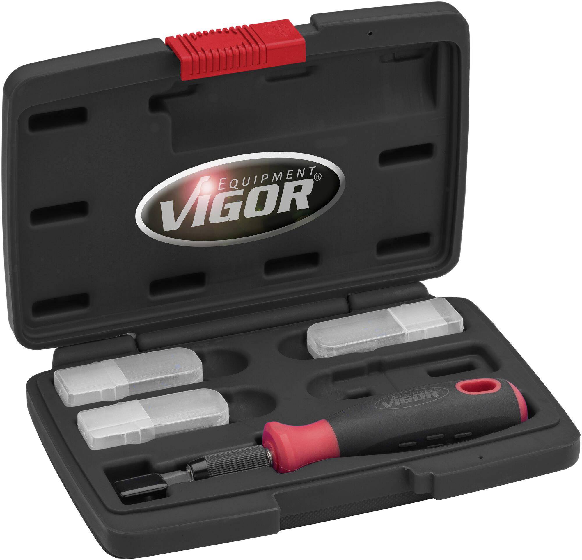 Boîte à outils avec tournevis et embouts. Étui noir avec fermeture rouge, vue ouverte.