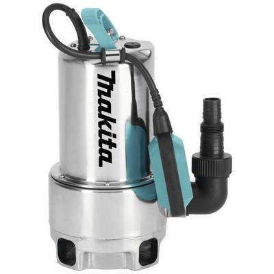 Pompe de plongée Makita en acier inoxydable avec boucle bleue, câble noir et embout d'adaptation noir.
