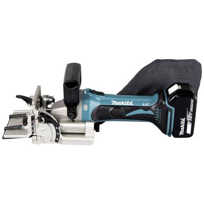 Fraiseuse à rainurer sans fil de la marque Makita avec sac à poussière. Idéale pour assembler des planches et des panneaux de bois.