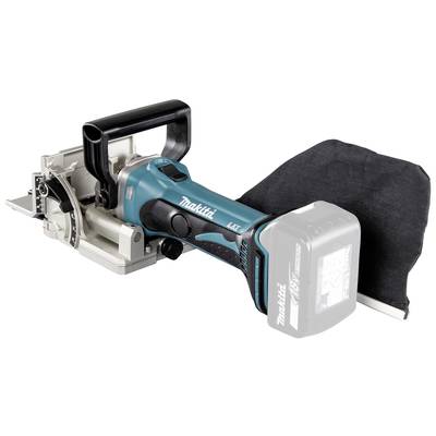 Un fraiseur à rainures pour batteries bleu-noir pour assemblages de bois, avec sac à poussière. Le nom de marque 'Makita' est imprimé sur le côté de l'appareil.