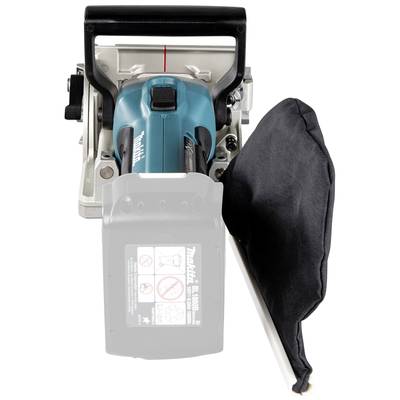 Une défonceuse bleue à batterie avec une poignée noire et un sac de collecte de poussière, positionnée sur une table.