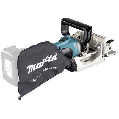 Une fraiseuse électrique à lamelles avec sac collecteur de poussière, adaptée pour fraisage de assemblages bois. La marque est bien visible.