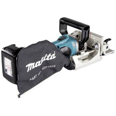 Ponceuse à bande manuelle de la marque Makita avec sac à poussière, adaptée au ponçage de surfaces en bois.
